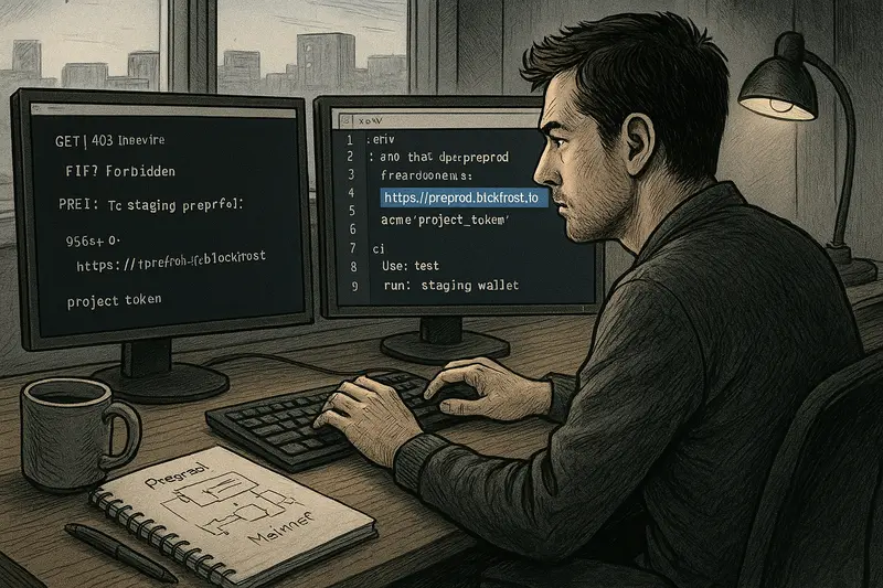 A man types at two computer monitors displaying code, beside a coffee mug and a spiral notebook on a desk.
