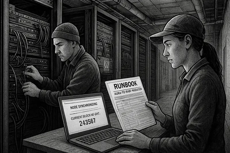 Two technicians work beside server racks; one handles cables while the other holds a runbook beside a laptop.