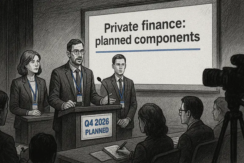 Officials present a “Private finance: planned components” slide as an audience takes notes, with a camera recording.