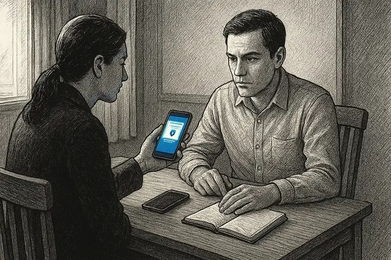 A woman holds a smartphone toward a seated man at a table with an open notebook and another phone.