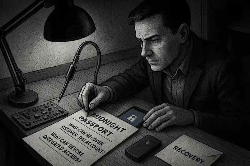 A man writes at a desk beside papers labeled “MIDNIGHT PASSWORD,” “RECOVERY,” and electronic devices.