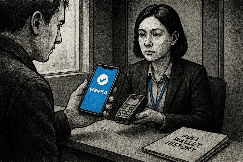 A man holds a phone marked “VERIFIED” toward a woman at a desk beside a card reader and a “FULL WALLET HISTORY” folder.
