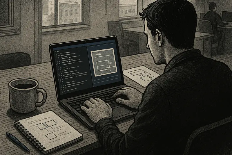A man types on a laptop displaying code and diagrams beside a coffee mug and notebook in a café.