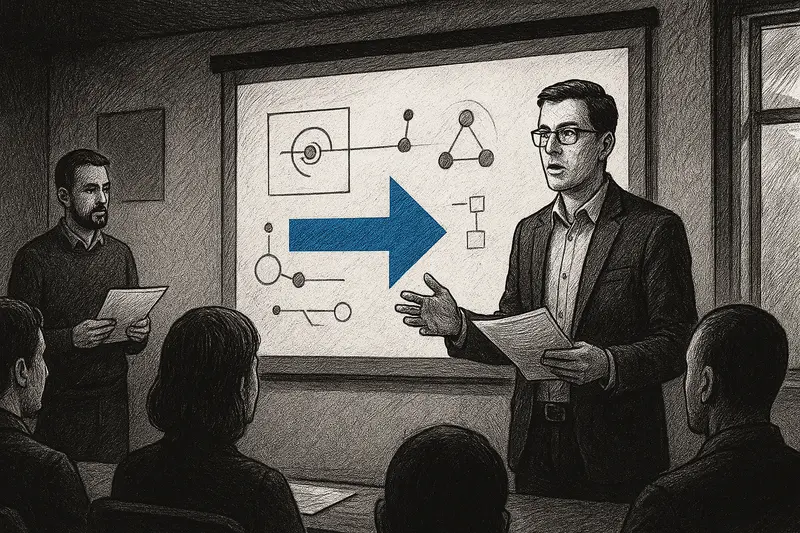 A man presents diagrams and a large blue arrow to a seated audience while another man holds papers nearby.