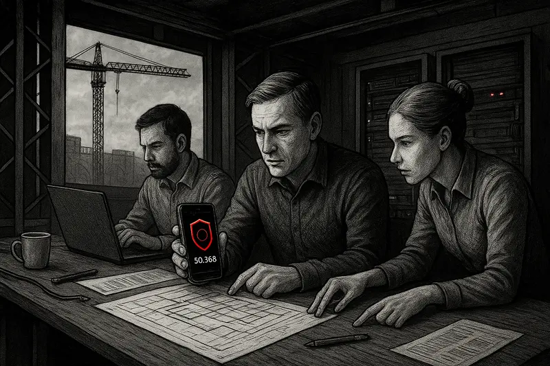 Three people sit at a table with a laptop, blueprints and a phone displaying a red icon and “50.368,” while a crane is