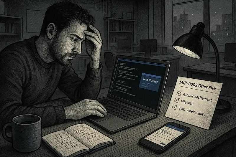 A man sits at a desk beside a laptop, phone, coffee mug, lamp, notebook, and a checklist labeled “MIP-0003 Offer File.